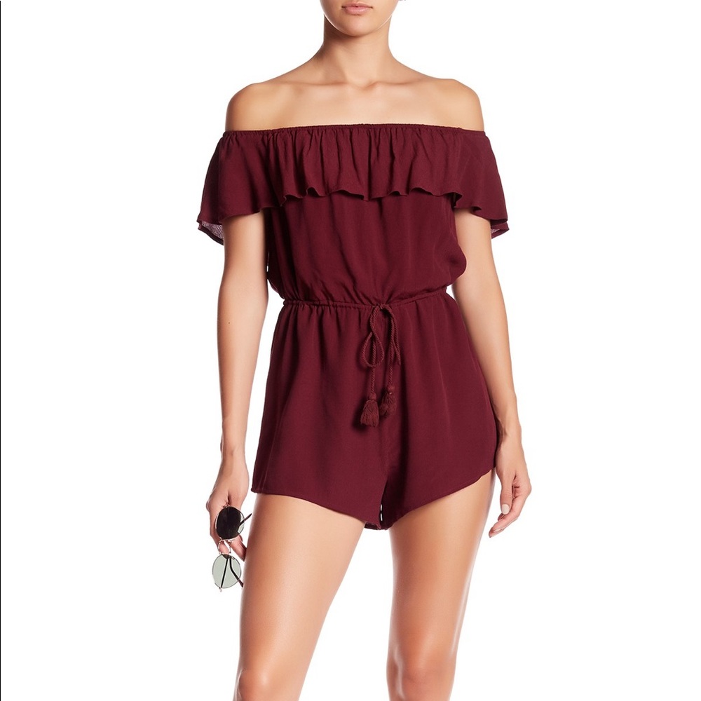 Maroon off-shoulder ruffle romper